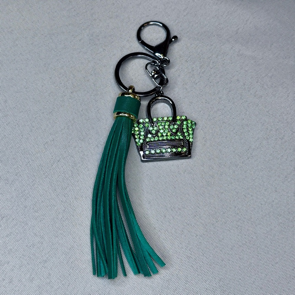 Handcrafted Green Tassel Keychain with Crystal Purse Charm